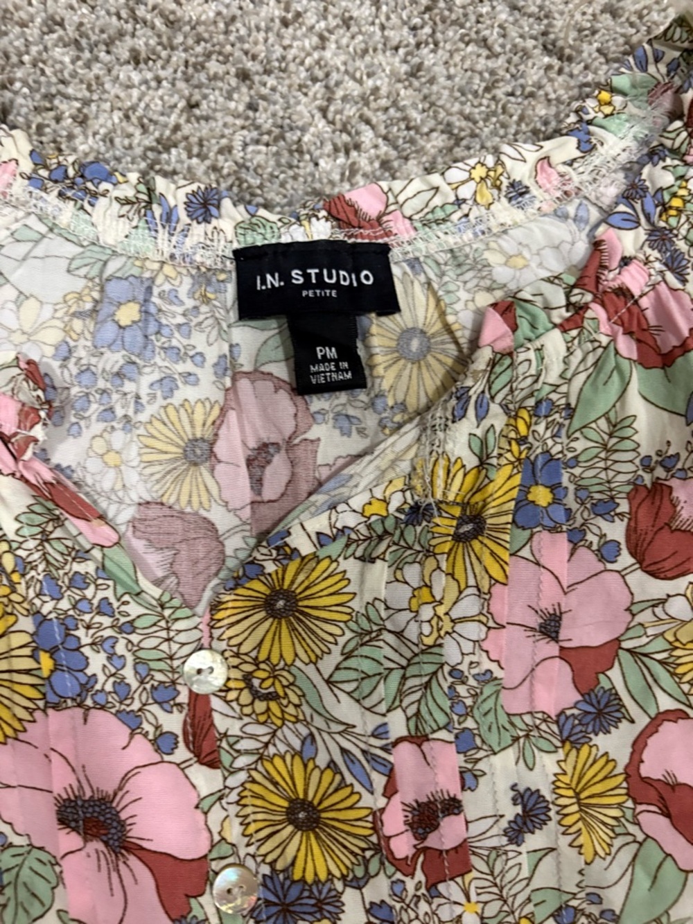 I.N. Studio Floral Button-Front Blouse in Cream, Pink, Yellow, Blue, Green - Picture 4 of 5